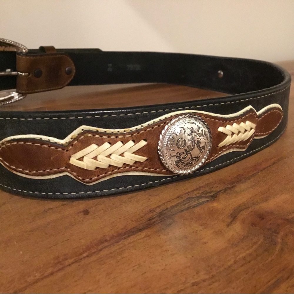 Vintage Tony Lama Two-toned Leather Concho Belt w/ Silver-toned Engraved Buckle